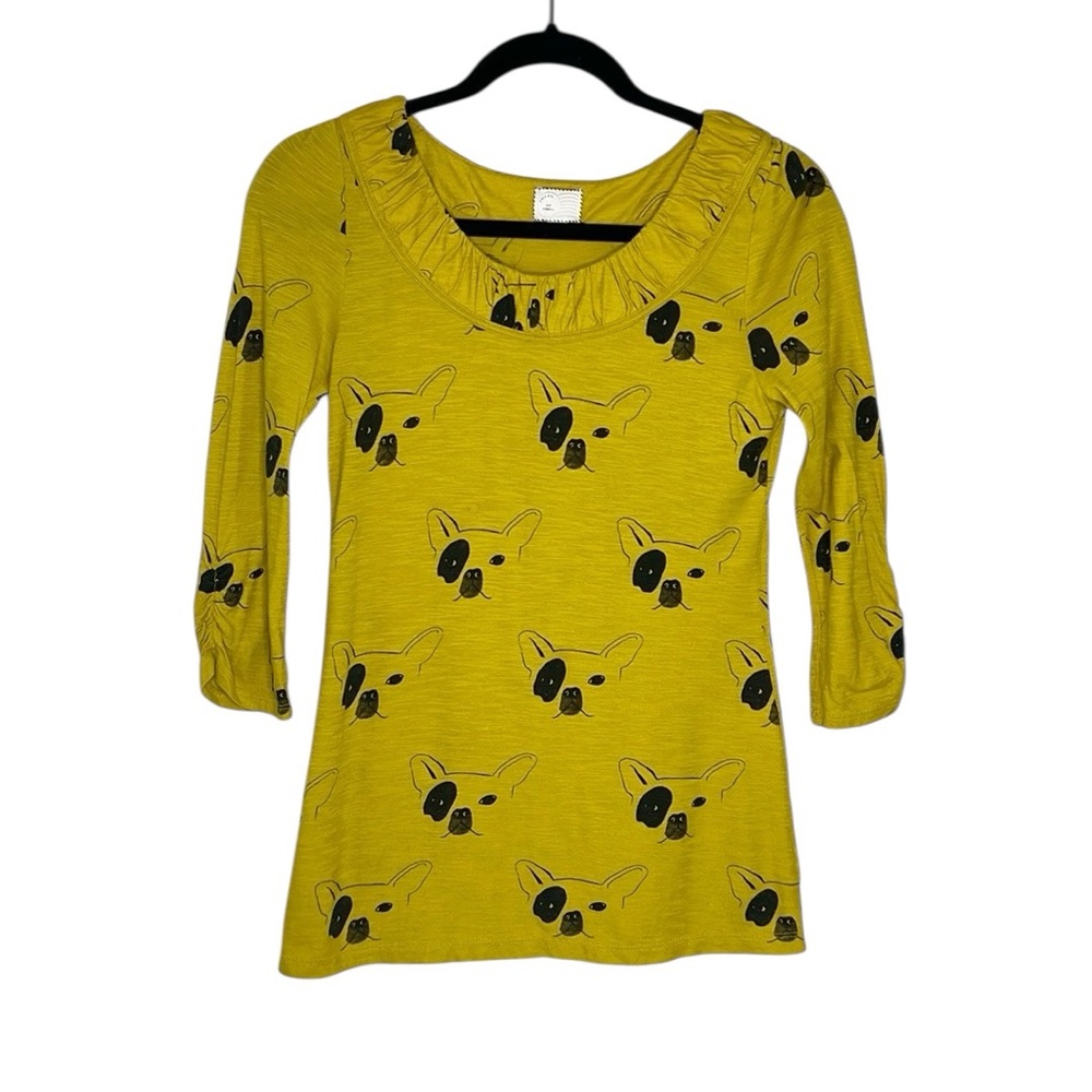 ANTHROPOLOGIE Postmark Frenchie Dog Print 3/4 sleeve Top size XS